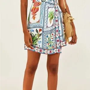 knee length dresses for ladies Blue Tile Dream Short Sleeve Mini Dress – FARM Rio main image 1
